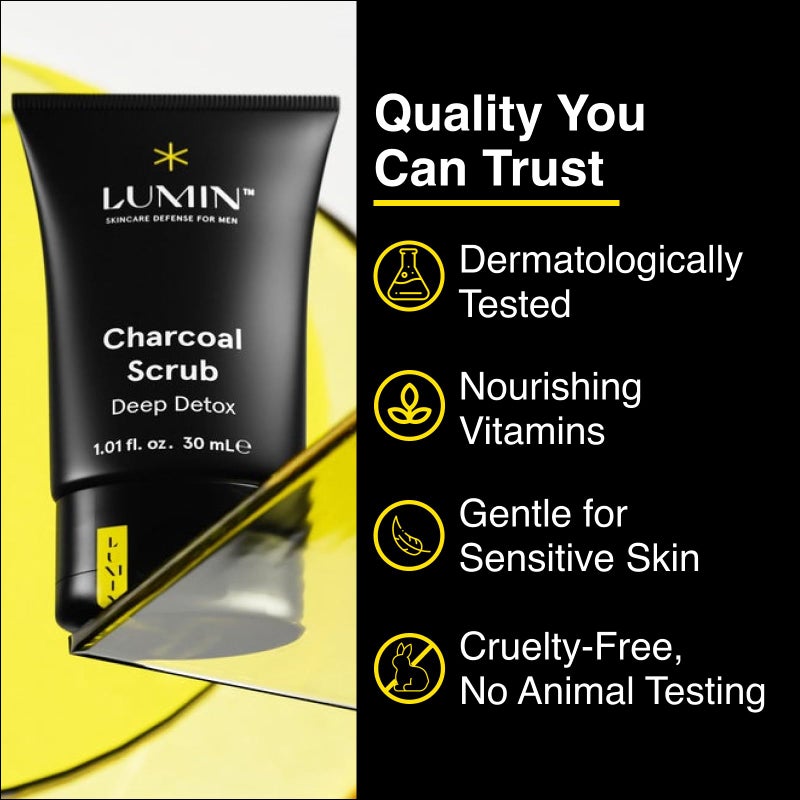 Lumin - Charcoal Scrub Deep Detox for Men - Face Cleanser for Men, Pre Shave Scrub, A Charcoal Face Exfoliator That Refreshes & Rejuvenates The Skin, Suitable for all skin types, 30ml, 2-Pack - Image 5